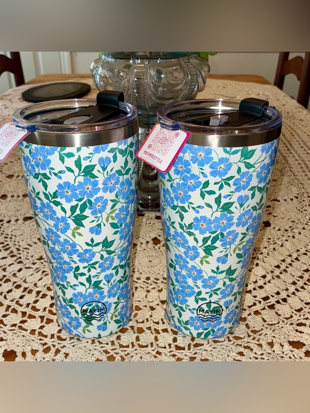 NWT MAYIM Blue Floral Insulated Tumbler - Set of 2